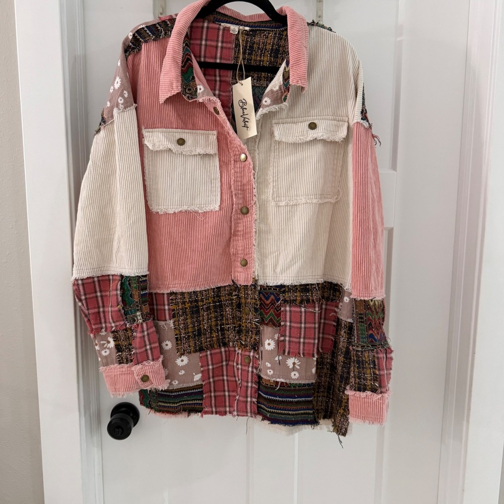 Blue Velvet Womens XL Patchwork Corduroy Shacket Pink Plaid Boho Western NWT
